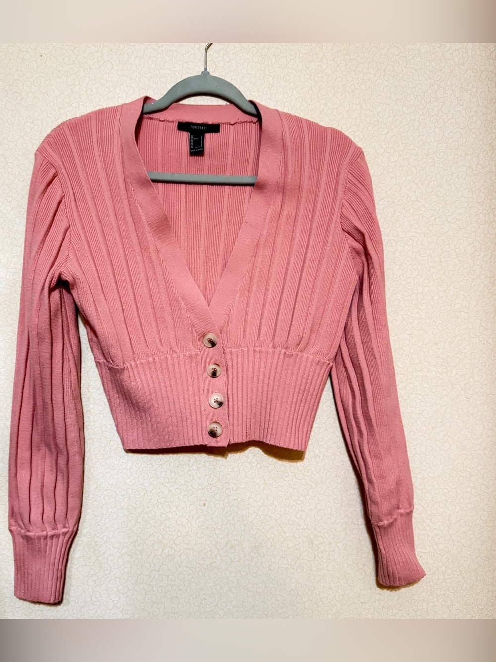 Forever 21 Dusty Rose Ribbed V-Neck Cropped Cardigan